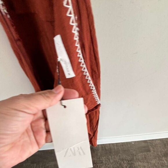 Zara Women Terracotta Embroidered Midi Dress Brown Size XS - Picture 7 of 11